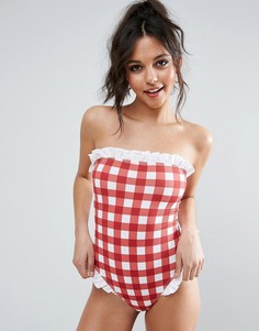 Хлопковый слитный купальник в клеточку с бандо и оборками ASOS - Мульти