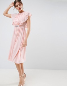 Платье миди с рукавами-оборками и отделкой на талии ASOS - Бежевый