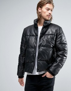 Черная дутая кожаная куртка ASOS - Черный