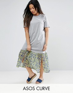 Платье-футболка миди с леопардовым принтом на вставке ASOS CURVE - Мульти