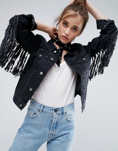 Черная выбеленная джинсовая куртка с бахромой ASOS - Черный