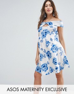 Короткое приталенное платье с широким вырезом и цветочным принтом ASOS Maternity - Мульти