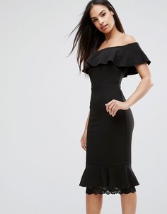 Платье-футляр с открытыми плечами, оборками и кружевом Vesper - Черный