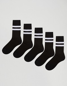 5 пар черных спортивных носков с полосками ASOS - Черный