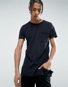 Черная длинная футболка с рваной отделкой New Look - Черный