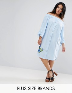 Платье с открытыми плечами и вышивкой Boohoo Plus - Синий