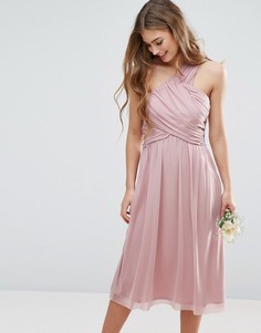 Сетчатое платье миди на одно плечо со сборками ASOS WEDDING - Розовый