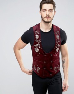 Бордовый бархатный жилет скинни с вышивкой ASOS - Красный