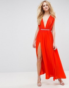Платье макси с глубоким декольте и декоративной отделкой на талии ASOS - Красный
