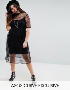 Свободное платье миди из сетчатой ткани добби ASOS CURVE - Черный