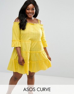 Легкое ярусное платье с открытыми плечами ASOS CURVE - Желтый