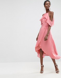 Платье миди с открытыми плечами и запахом ASOS - Розовый