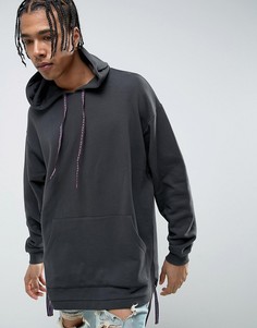 Oversize-худи удлиненного кроя с ацтекским узором на шнурке ASOS - Черный