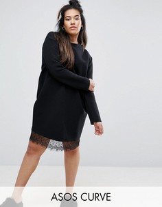 Трикотажное платье в рубчик с кружевной отделкой ASOS CURVE - Черный