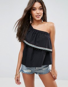 Топ на одно плечо с отделкой помпонами ASOS - Черный