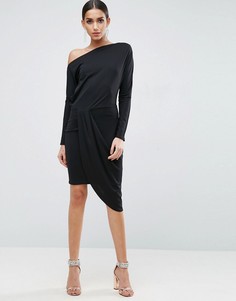 Облегающее платье миди на одно плечо с драпировкой ASOS - Черный