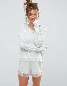 Пижамные лонгслив и шорты с кружевом и мелкой бахромой ASOS - Зеленый