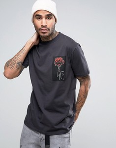 Длинная футболка с розой на груди ASOS - Серый
