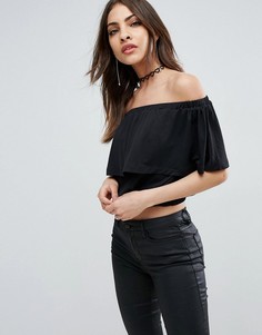 Топ с открытыми плечами и отделкой оборками ASOS - Черный