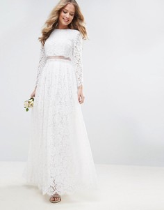 Кружевное платье макси с кроп-топом и длинными рукавами ASOS BRIDAL - Белый