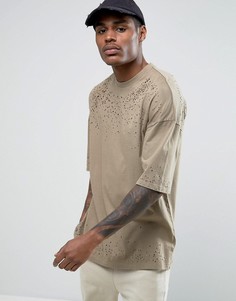 Oversize-футболка с состаренной кокеткой и рукавами до локтя ASOS - Коричневый