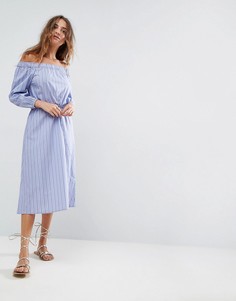 Хлопковое платье миди в полоску с открытыми плечами ASOS - Мульти