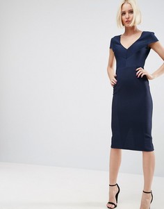 Облегающее структурированное платье миди в рубчик с V-образным вырезом ASOS - Темно-синий
