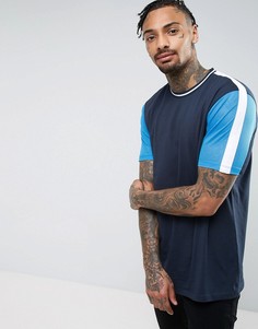 Удлиненная футболка с сетчатыми рукавами и окантовкой ASOS - Темно-синий