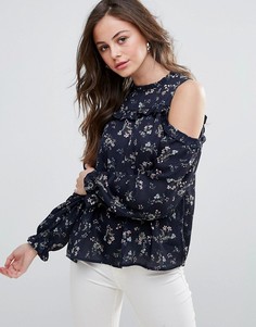 Топ с цветочным принтом и открытыми плечами QED London - Темно-синий