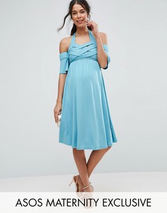 Короткое приталенное платье с открытыми плечами ASOS Maternity - Синий