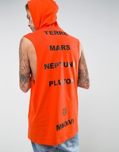 Длинная футболка без рукавов с капюшоном и принтом на спине ASOS - Оранжевый