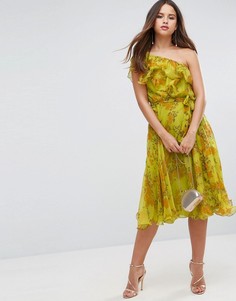 Платье миди на одно плечо с цветочным принтом и оборками ASOS - Желтый