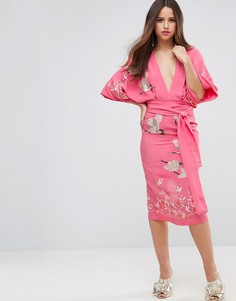 Платье-кимоно миди с вышитыми птицами ASOS - Розовый