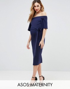 Платье миди с открытыми плечами и завязкой ASOS Maternity - Темно-синий
