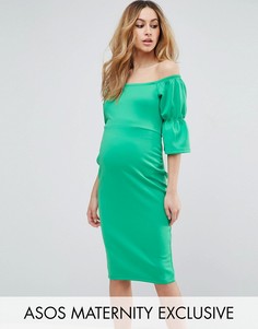 Платье со спущенными плечами и пышными рукавами ASOS Maternity - Зеленый