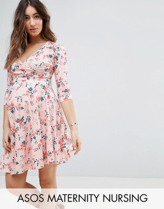 Светло-бежевое платье с запахом и цветочным принтом ASOS Maternity NURSING - Розовый