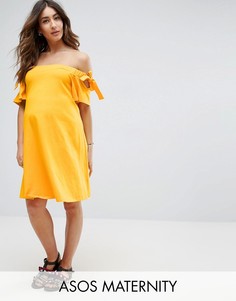 Платье с открытыми плечами и завязками на рукавах ASOS Maternity - Желтый