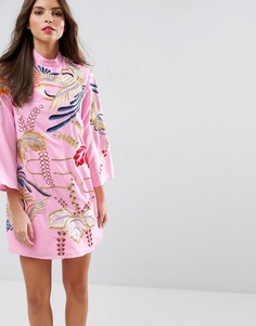 Платье-туника мини с вышивкой ASOS - Розовый