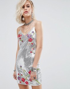 Серебристое платье-комбинация с цветочной вышивкой Glamorous - Серебряный