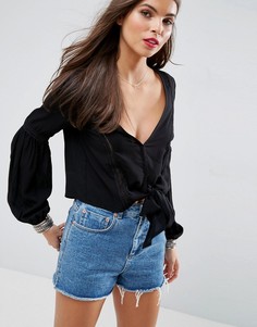 Блузка с глубоким вырезом, завязкой и кружевными вставками ASOS - Черный