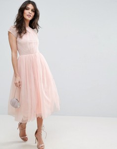Платье миди для выпускного из кружевного тюля ASOS PREMIUM - Розовый