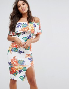 Платье со спущенными плечами и цветочным принтом PrettyLittleThing - Белый