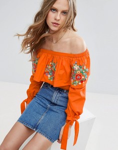 Хлопковый топ с открытыми плечами и вышивкой ASOS - Оранжевый