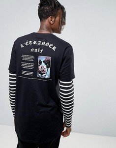 Двухслойная супердлинная футболка с полосками и принтом на спине ASOS - Черный