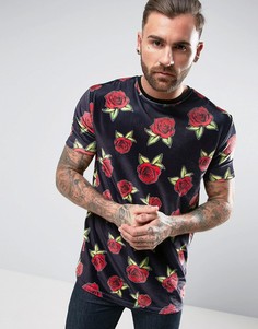 Длинная велюровая футболка с принтом роз ASOS - Черный