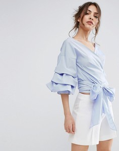 Укороченная свободная рубашка с оборками на рукавах PrettyLittleThing - Синий