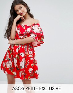 Платье мини с оборками и цветочным принтом ASOS PETITE - Красный