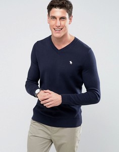 Тонкий темно-синий джемпер с V-образным вырезом и вышивкой лося Abercrombie &amp; Fitch - Темно-синий