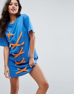 Трикотажное платье-футболка с контрастной шнуровкой ASOS - Синий