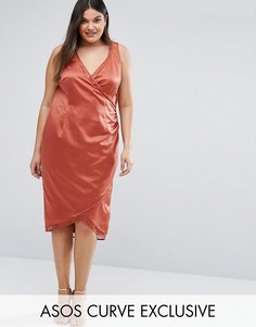 Атласное платье с запахом и кружевной вставкой ASOS CURVE - Красный